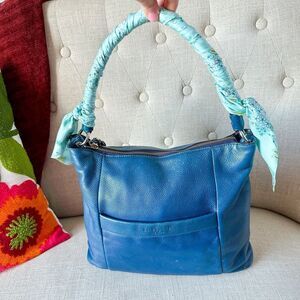 Kate Spade Blue Leather Hobo Shoulder Handbag Purse Custom Silk Wrap Strap